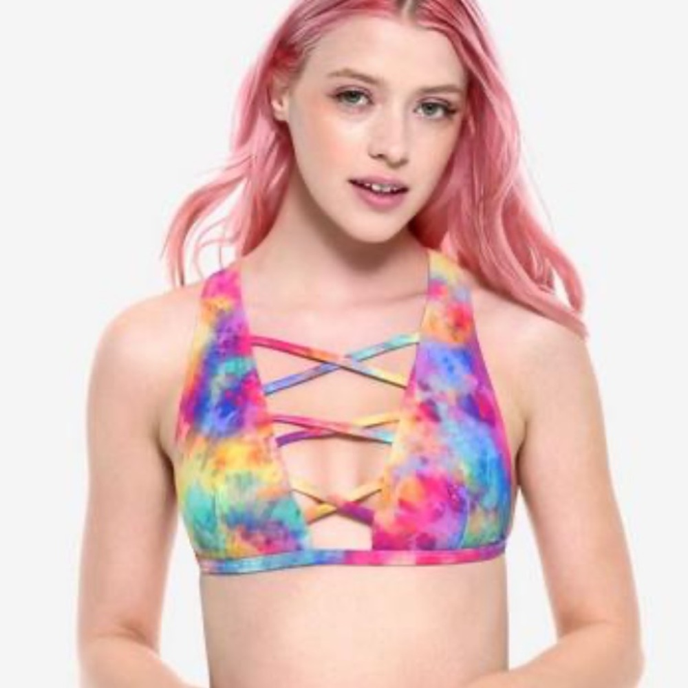 Hot Topic Strappy Chest Strap Rainbow Bikini Top Cross Cross Racer Back Tie